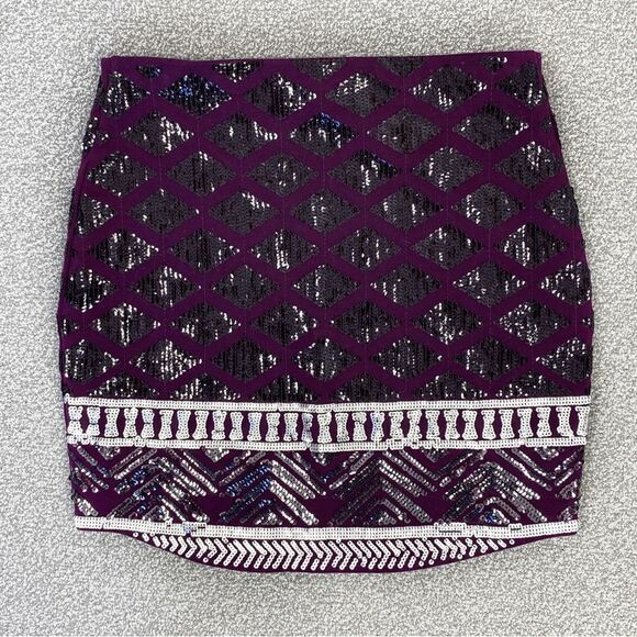Express Geometric Diamond Print Sequin Bodycon Mini Skirt Purple Black XS - Picture 3 of 8